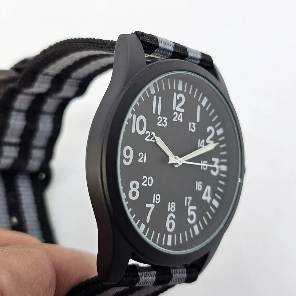 Men's Miltiary Field Watch 42MM Black Case Dial Black Gray Canvas Band‎ Straps